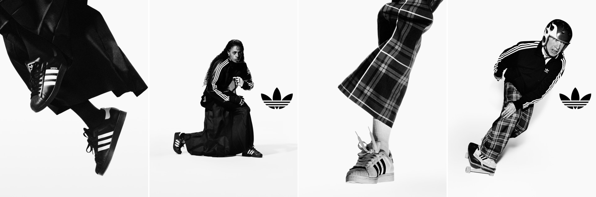 Four black and white adidas Superstar portraits. Left to right: close-up of feet in black Superstar shoes, Teezo Touchdown kneeling in Superstar shoes, close-up of white Superstar shoes, Mark Gonzales riding a skateboard in adidas jacket.