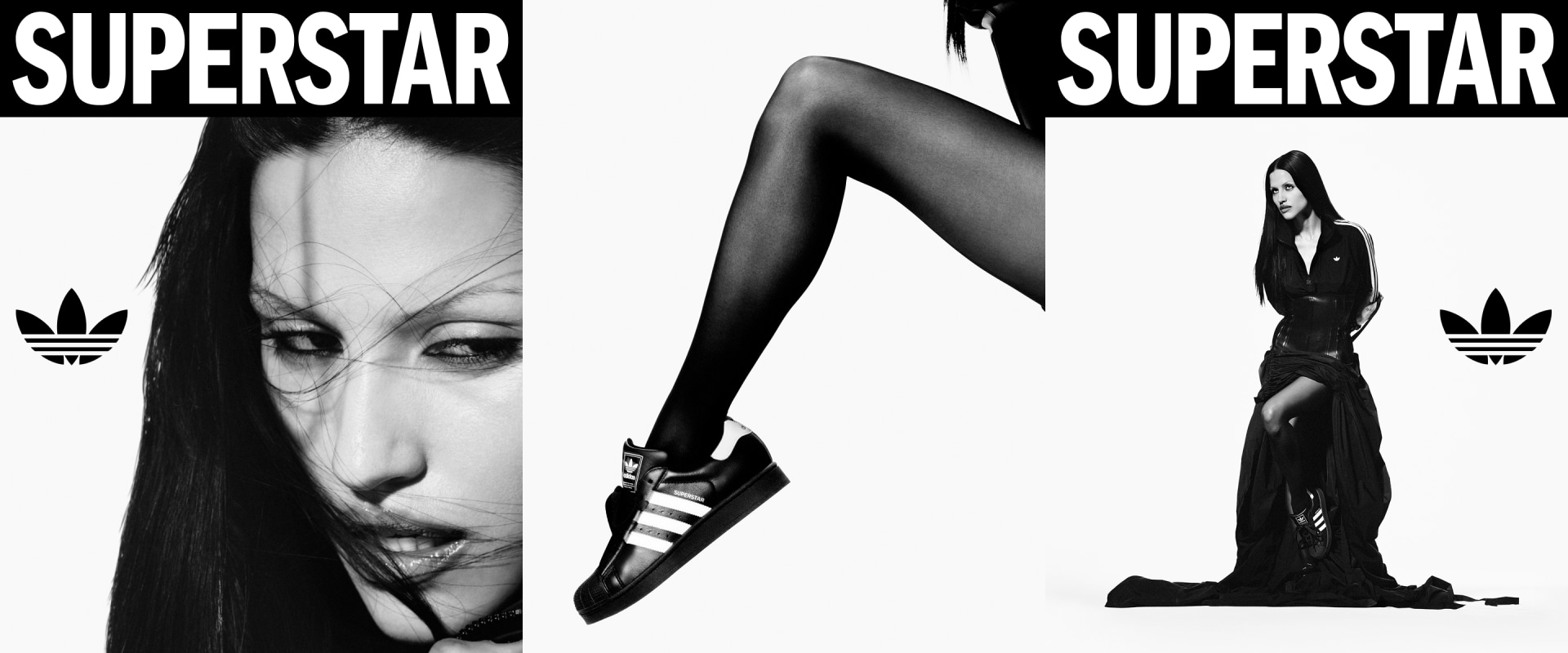 Three-panel adidas ad with “SUPERSTAR” text. Left: close-up of a Gabrielle's face. Center: close-up of leg in tights wearing adidas Superstar shoe. Right: full-body view of Gabriette standing in a long outfit and Superstar shoes.