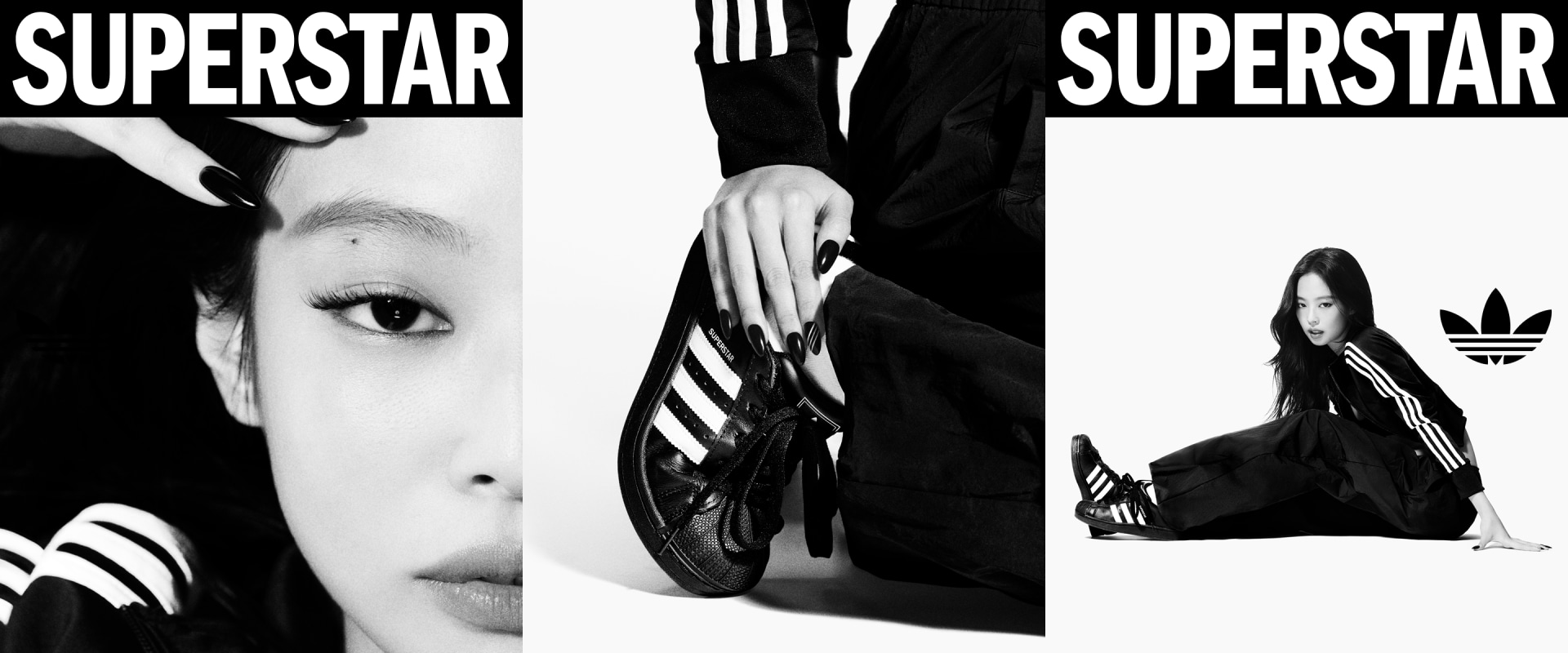 A black and white image featuring close-up shots of a person's face, hands, and a full-body shot of a person in a dark outfit, with the text "PERSTAR" and "SUPERSTAR" prominently displayed.