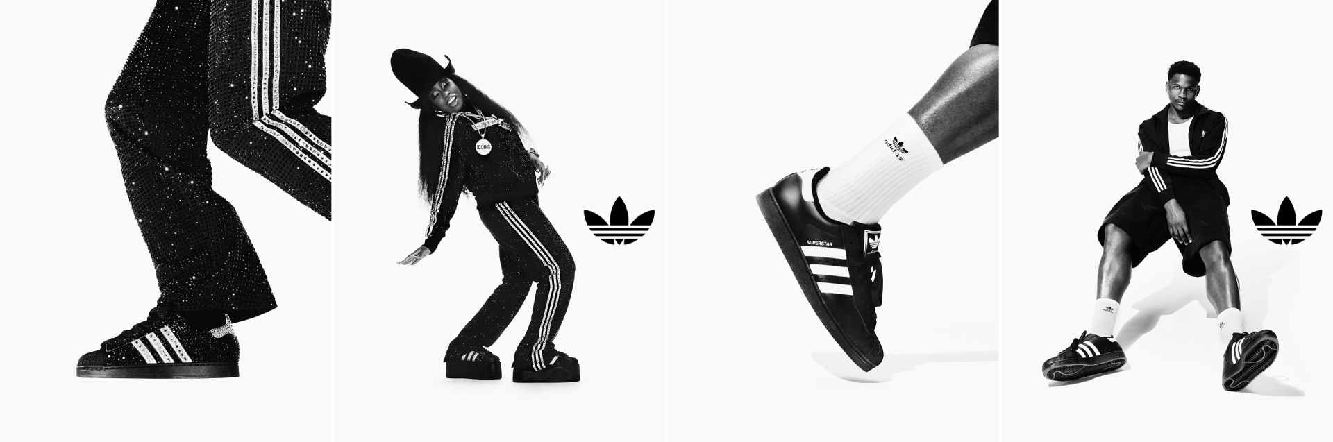 Missy Elliotとアンソニー・エドワーズがadidas Superstarとadidas Originals Firebird Jacketを履いて撮影した白黒4枚の画像。最初の2つの画像では、MissyがスパンコールのFirebirdトラックスーツをプラットフォームのSuperstarスニーカーとカスタマイズしたバージョンを着用している。サイドにあしらったアディダスのトレフォイルがアクセント。