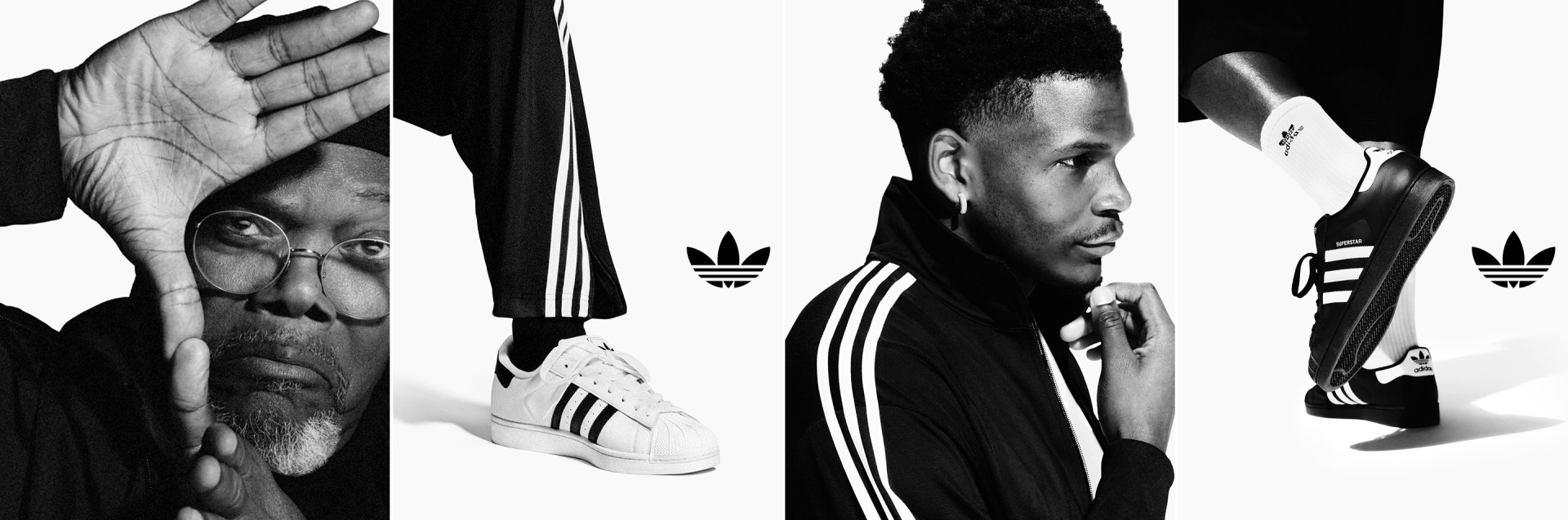Four black-and-white images featuring Anthony Edwards and Samuel L. Jackson. One wears the black adidas Superstar sneakers with white stripes, and the other wears white Superstar sneakers with black stripes. The adidas Trefoil appears to the side.