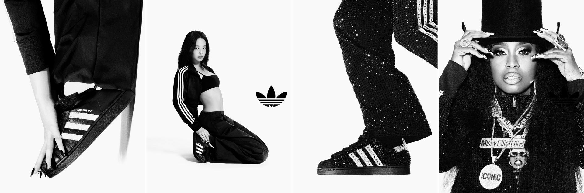 Four black-and-white images featuring JENNIE and Missy Elliot wearing black adidas Superstar sneakers with white stripes and black Firebird tracksuit. Missy's is customised with sequins. The adidas Trefoil appears to the side.