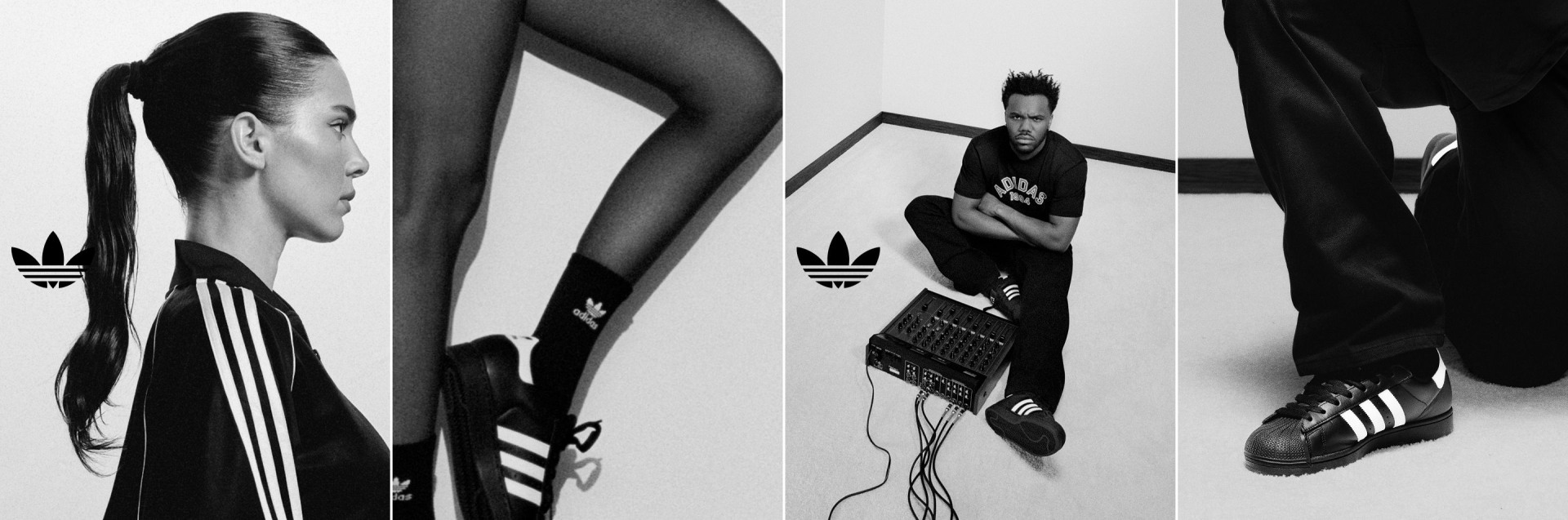 Cuatro retratos en blanco y negro muestran a Kendall Jenner y Baby Keem con prendas adidas, como chándales y camisetas "ADIDAS 1994", zapatillas Superstar negras con expresiones y posturas diversas.