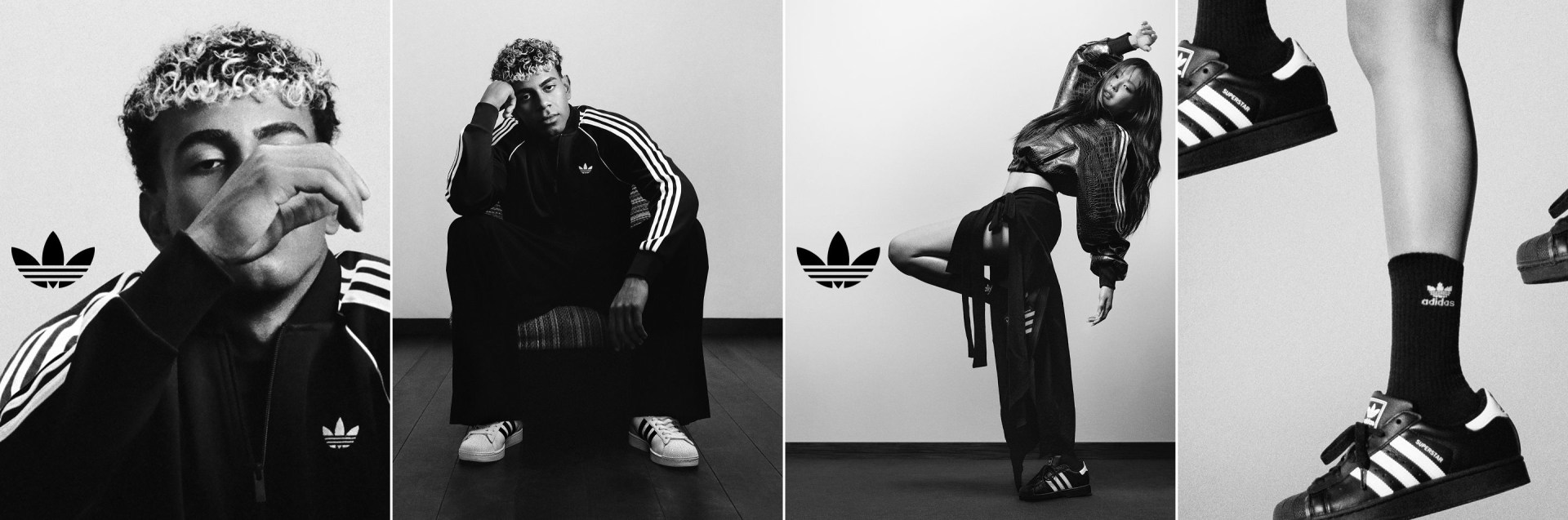 En cuatro imágenes en blanco y negro aparecen Lamine y JENNIE con prendas adidas, incluida JENNIE con una chaqueta adidas texturizada posando.