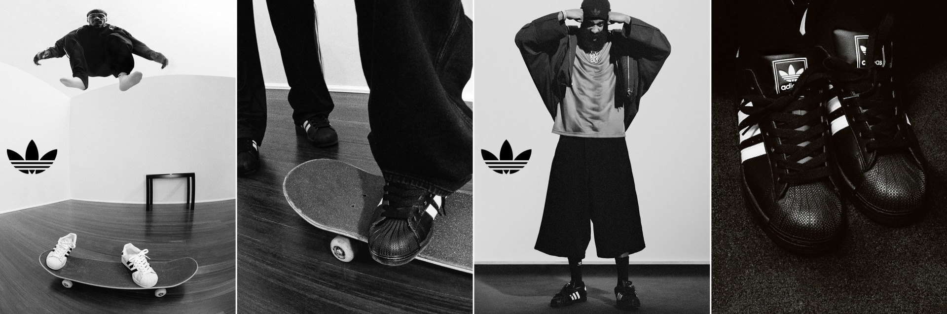 Cuatro imágenes en blanco y negro muestran a James Harden y Tyshawn Jones con prendas adidas, incluyendo a Tyshawn haciendo skate con zapatillas Superstar blancas, otra con una chaqueta a rayas y otras dos posando con atuendos superpuestos con gorros.
