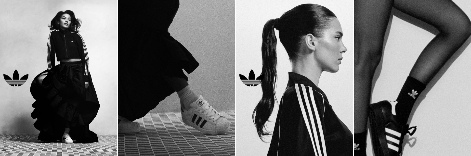 Cuatro retratos en blanco y negro muestran a Kendall Jenner y Olivia Dean con prendas adidas con detalles de las tres bandas y zapatillas adidas Superstar, posando de perfil o mirando hacia abajo sobre un fondo liso.
