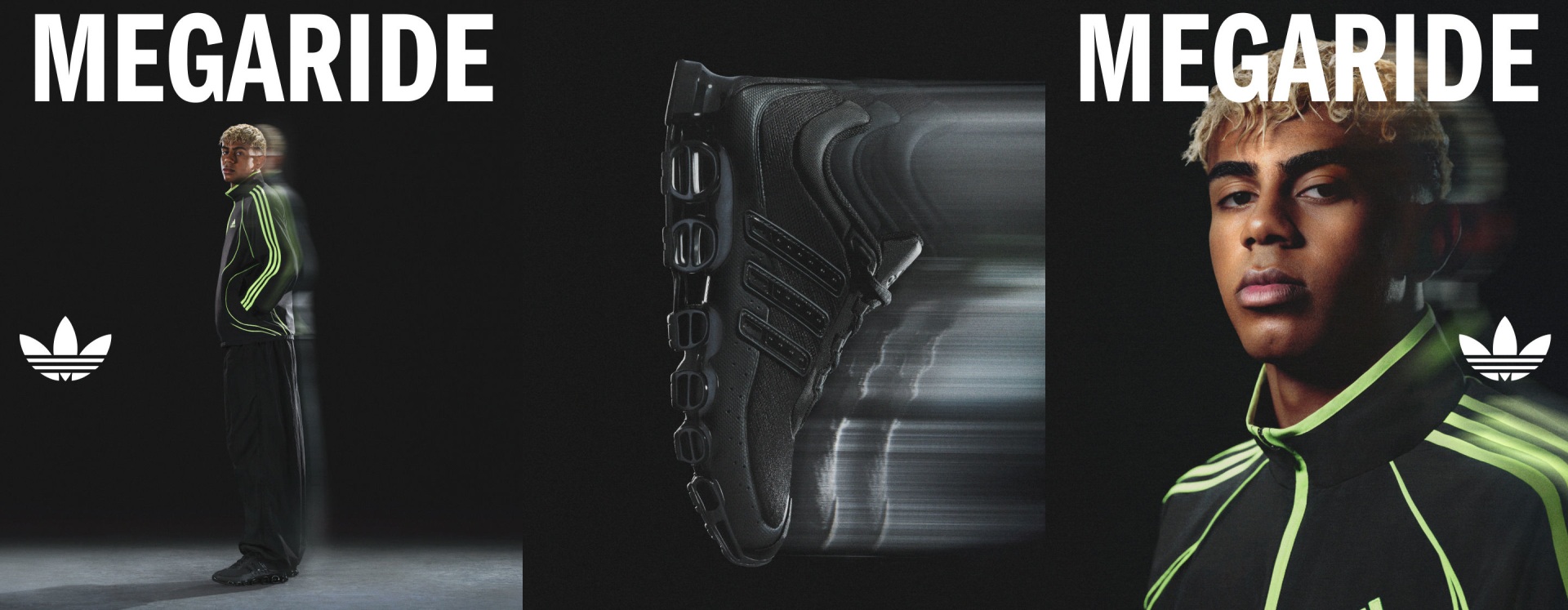 Imagen tríptica con Lamine Yamal en su perfil usando la colección Teamgeist y zapatillas Megaride negras a la izquierda, un primer plano de las zapatillas Megaride negras en el centro y un primer plano de Lamine Yamal a la derecha.