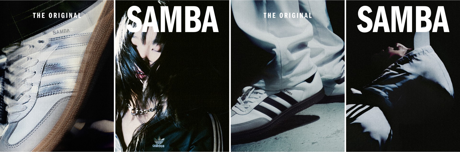 Collage of adidas Samba shoes and a woman in a black adidas jacket, a man in a white adidas jacket. There features close-ups of footwear with the label The Original Samba in white text on each image.
