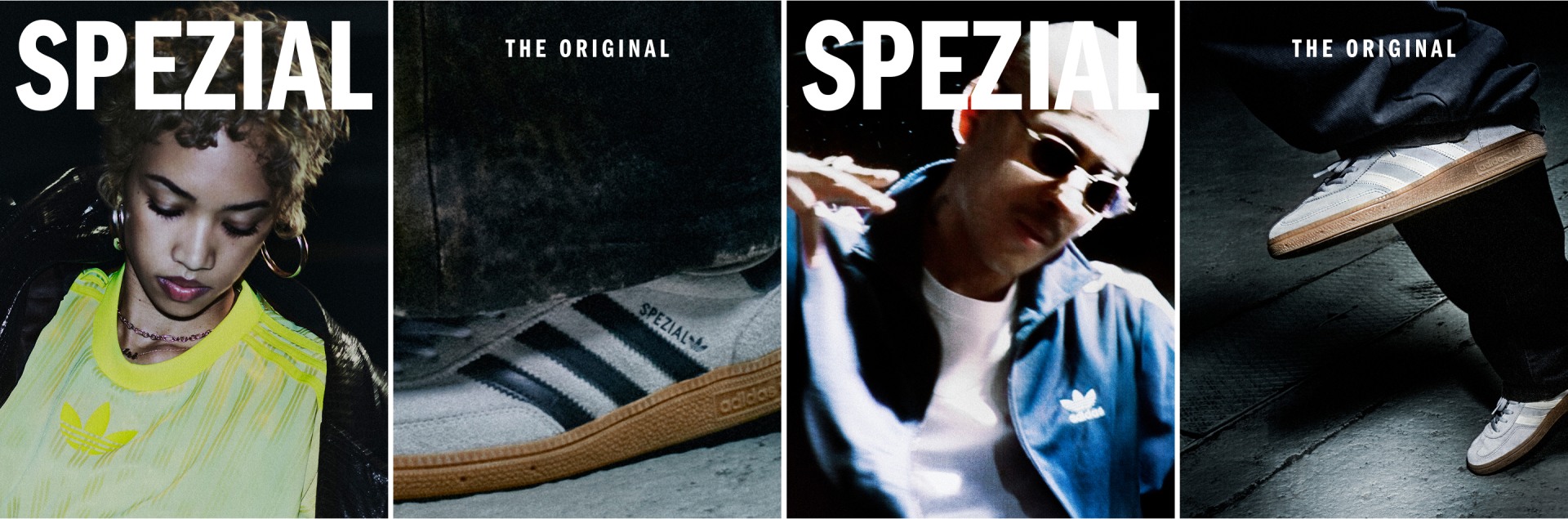 Collage of adidas Spezial shoes and a woman in a neon yellow adidas tshirt, a man in a blue adidas jacket. There features close-ups of footwear with the label The Original Spezial in white text on each image.