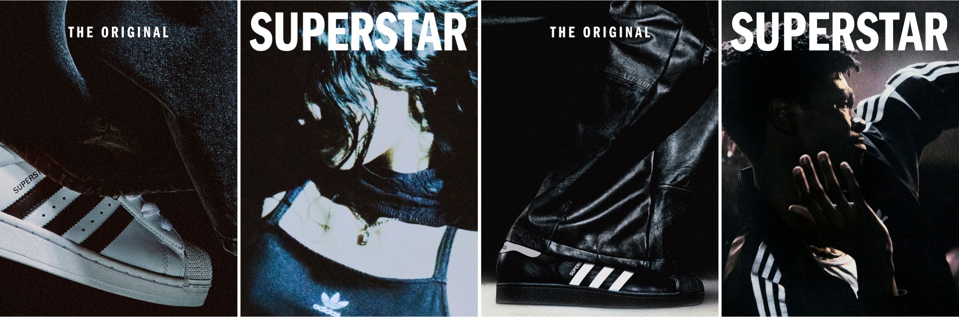 Collage of adidas Superstar shoes in black and white colourways. A woman wears a black adidas tank top, a man in a black adidas jacket. There features close-ups of footwear with the label The Original Spezial in white text on each image.