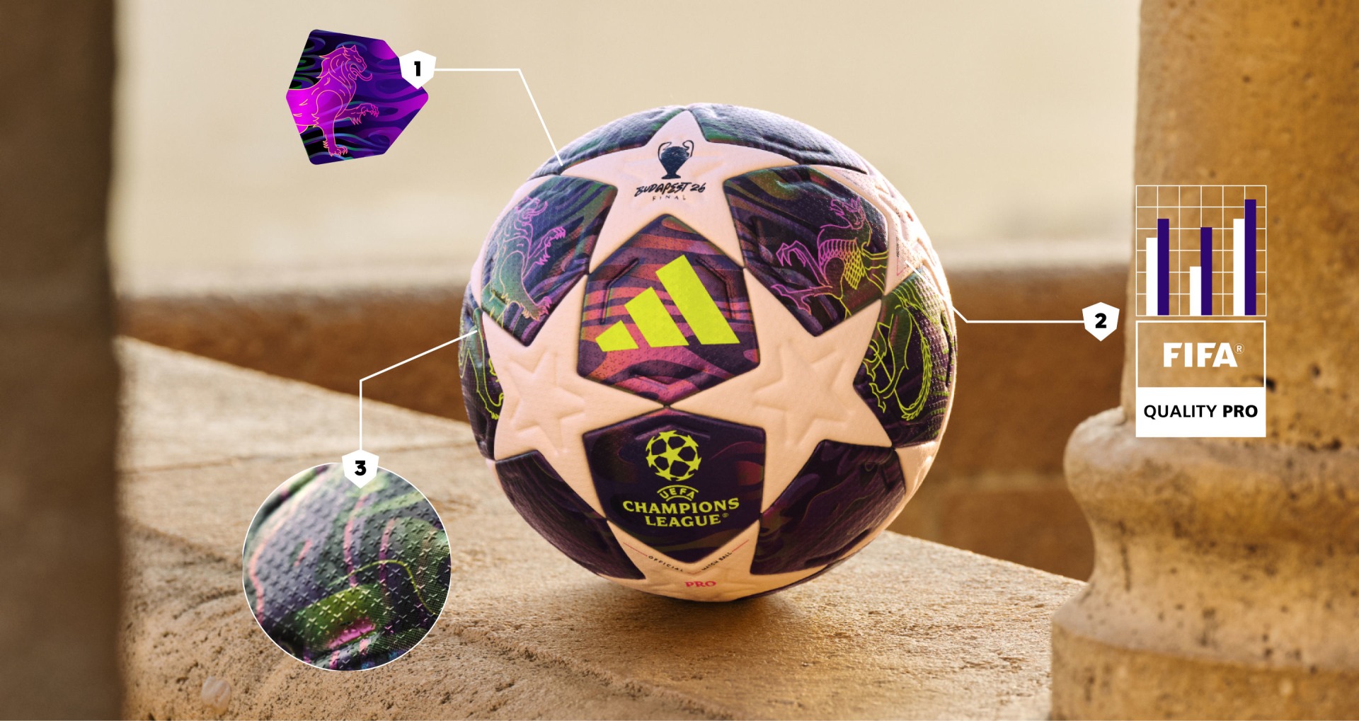 The image shows a colorful and intricate soccer ball with various design elements, including the Adidas logo, the UEFA Champions League logo, and a FIFA Quality Pro certification, set against a plain background.