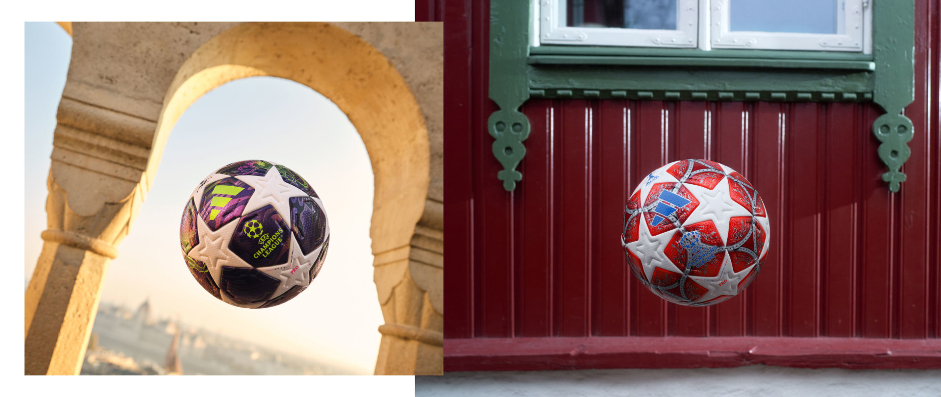 Das Bild zeigt zwei Fußbälle, einen mit einem auffälligen Sternenmuster und einen mit einem abstrakteren Design, die an einer roten Holzwand mit einem Fenster im Hintergrund hängen.