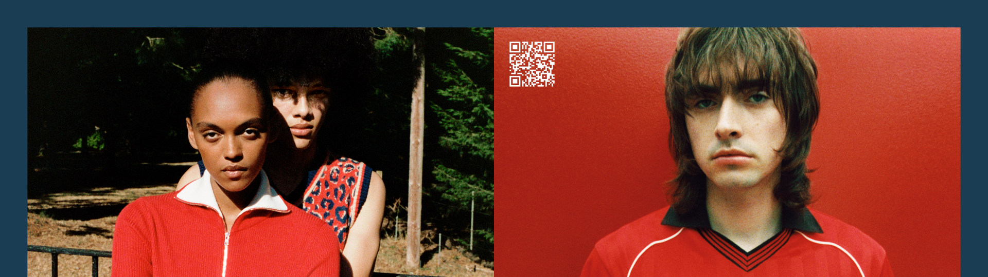 Two images side by side: showing two people wearing the adidas x Wales Bonner collection including a zip-up top with white and navy stripes and a red jersey with black collar details with the Trefoil logo.