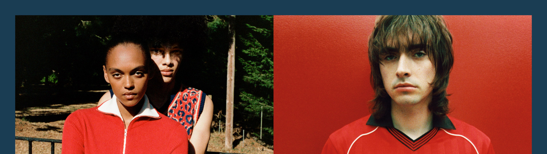 Two images side by side: showing two people wearing the adidas x Wales Bonner collection including a zip-up top with white and navy stripes and a red jersey with black collar details with the Trefoil logo.