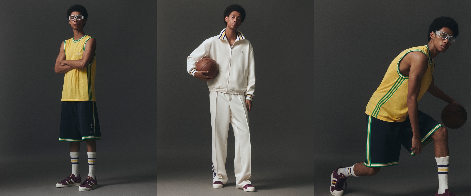 The image features three individuals wearing stylish athletic attire, including a yellow dress, a white jumpsuit, and black and green pants. The individuals are posing against a dark background, creating a striking visual contrast.