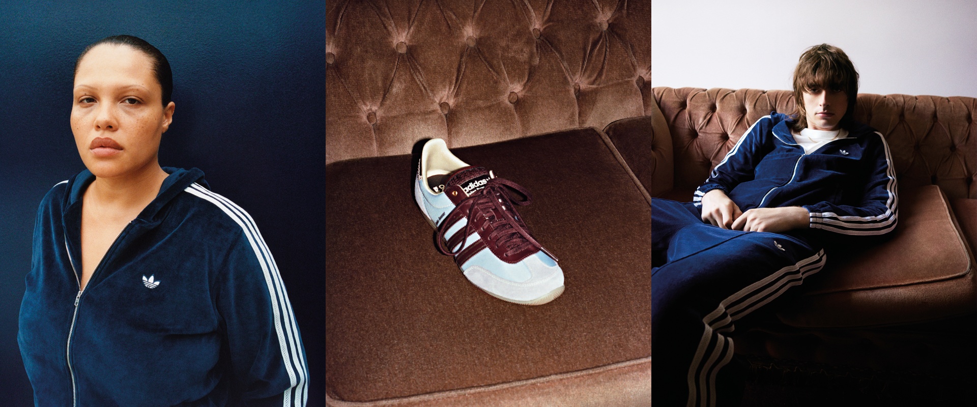 adidas x Wales Bonner コレクションをフィーチャーした3つの画像が並んでいます。ダークブルーのトラックジャケットにはホワイトのストライプとトレフォイルロゴ、ブルーとバーガンディのadidas Superstarスニーカーが含まれています。