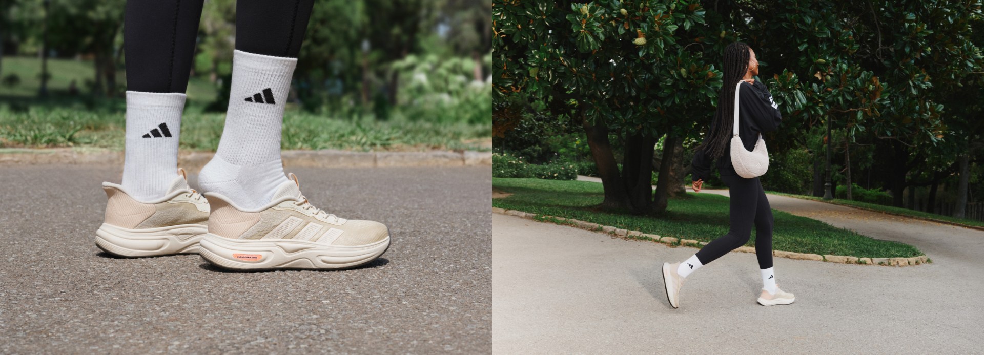 The image shows a person's feet wearing white sneakers with the Adidas logo on a paved path surrounded by lush greenery.