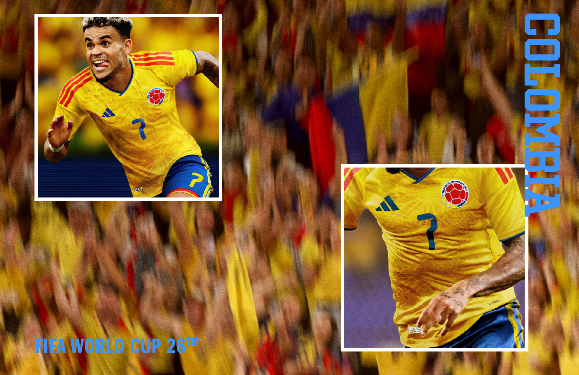 Composição visual com Luis Diaz vestindo o uniforme oficial da Colômbia para a Copa do Mundo da FIFA 26™