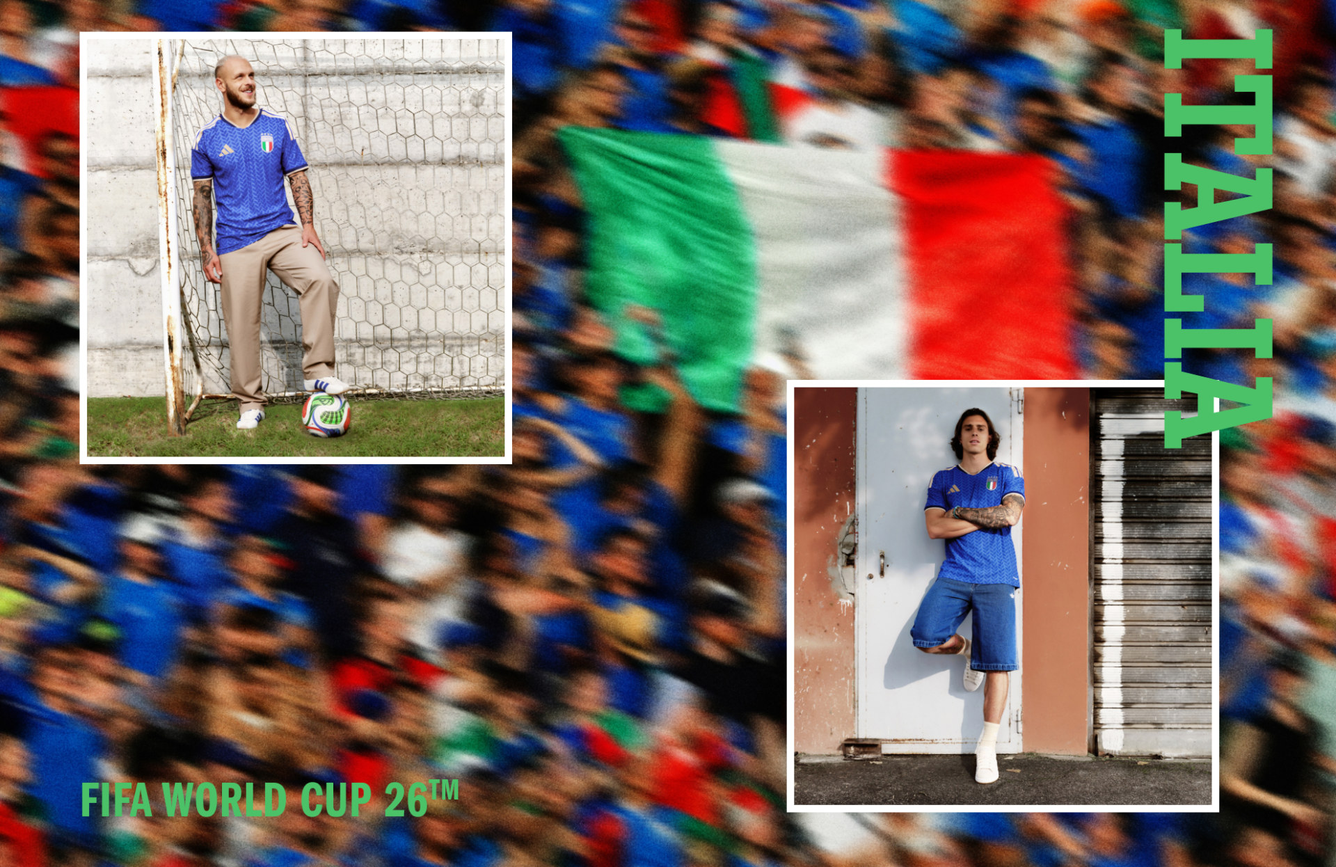 Composição visual com Riccardo Calafiori vestindo o primeiro uniforme da Itália para a Copa do Mundo da FIFA 26™