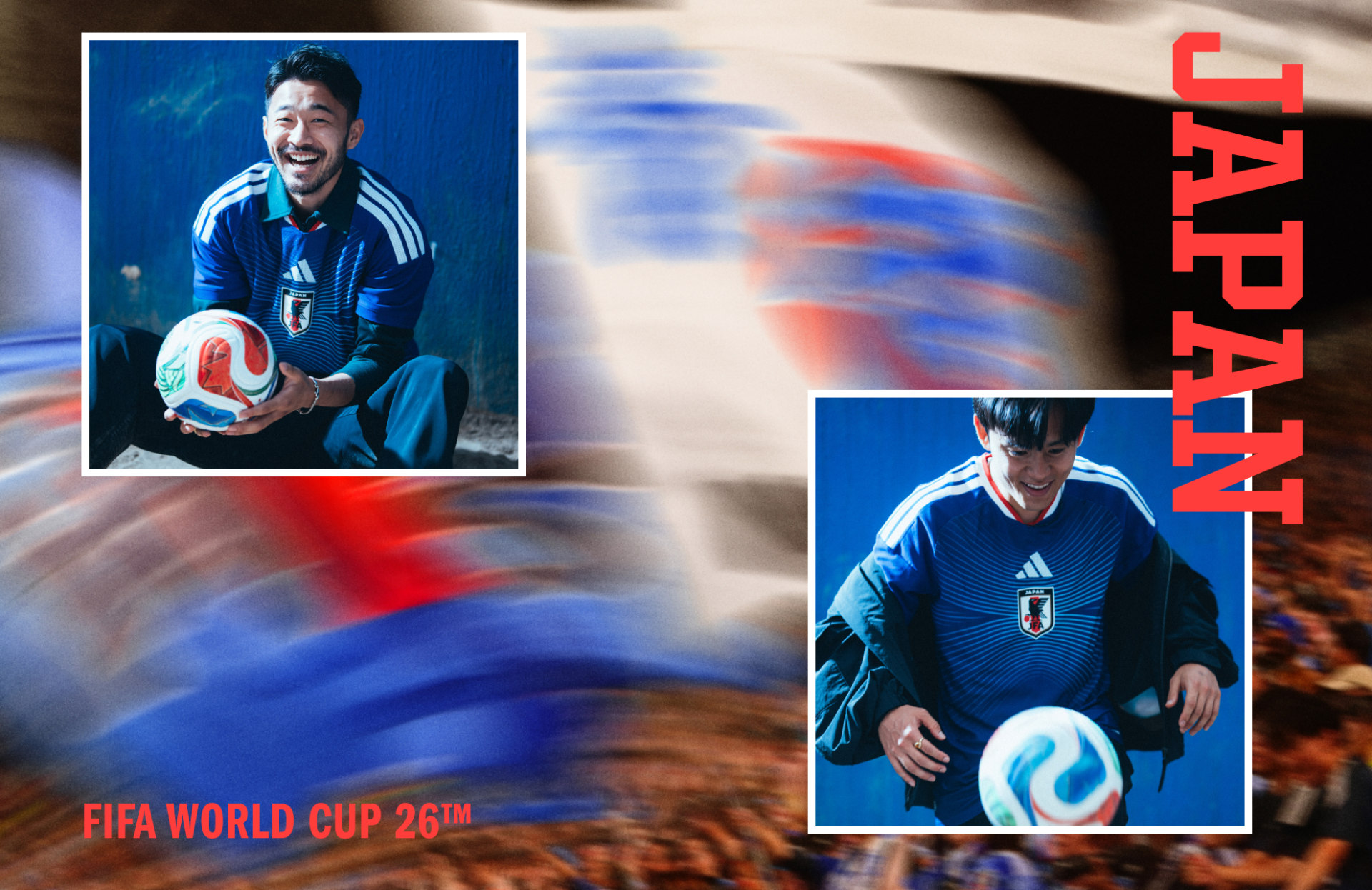 Composição visual com Takefusa Kubo vestindo o manto oficial da Copa do Mundo FIFA 26™ do Japão