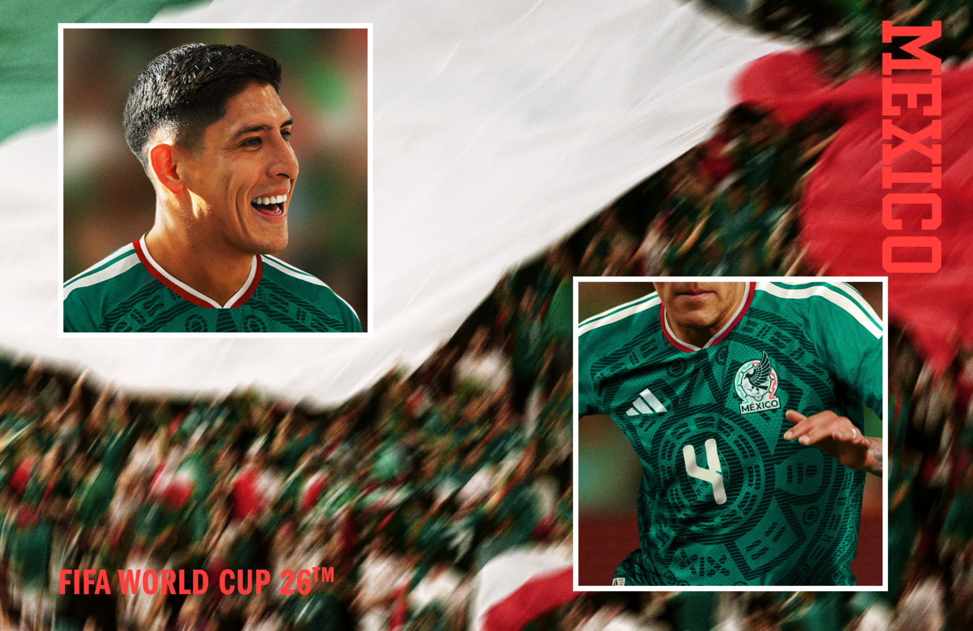 Visual composition featuring Edson Alvarez wearing the Mexico FIFA World Cup 26™ Home Uniform