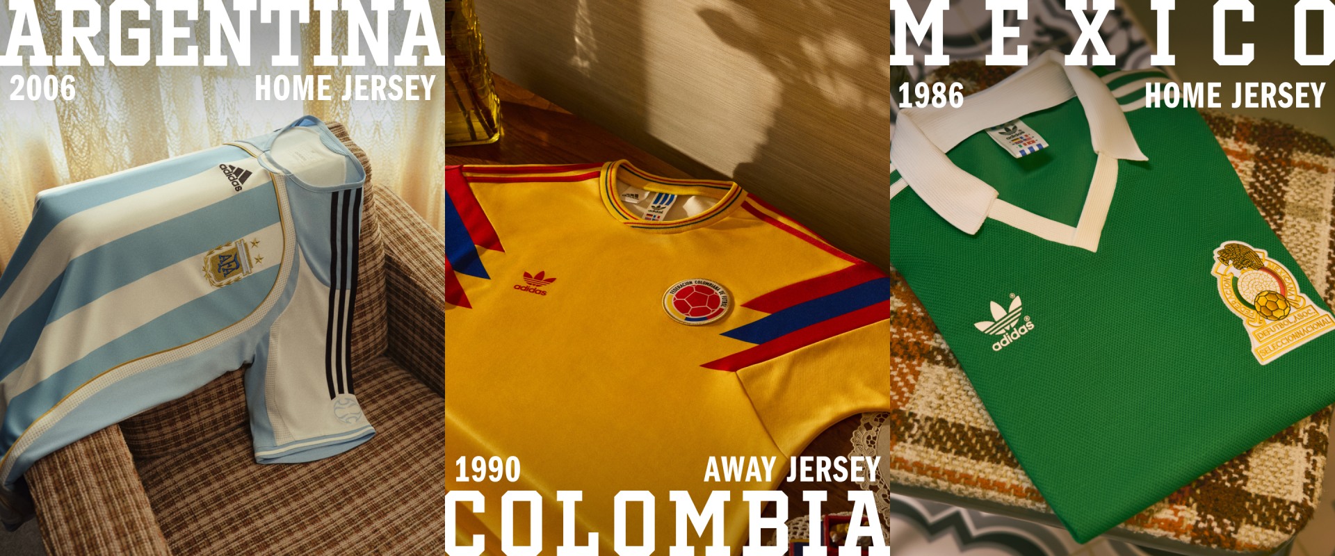 The image displays various soccer jerseys, including those for Argentina, Mexico, and Colombia, showcasing their distinct designs and colors.