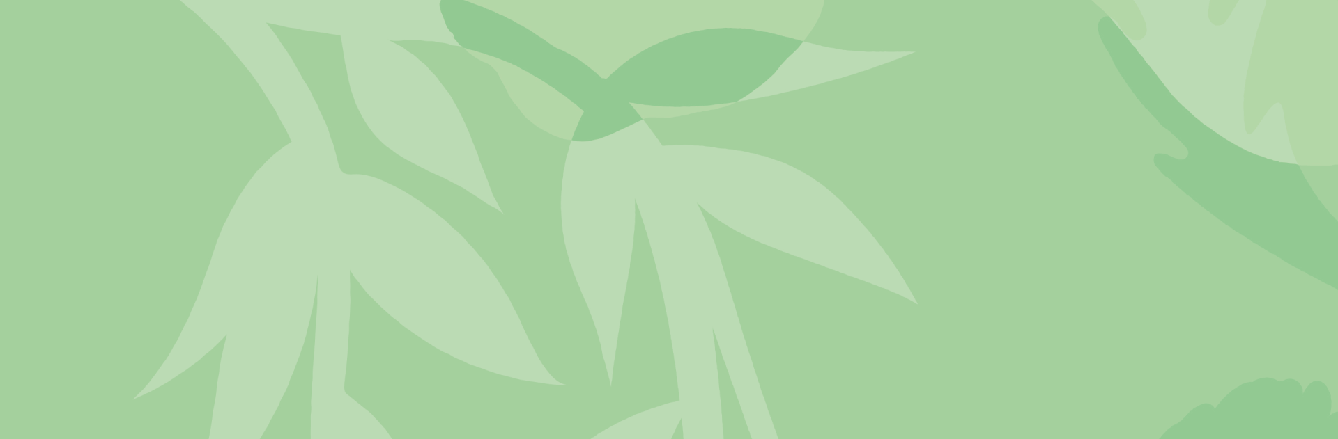 The image features a green abstract background with overlapping leaf-like shapes.