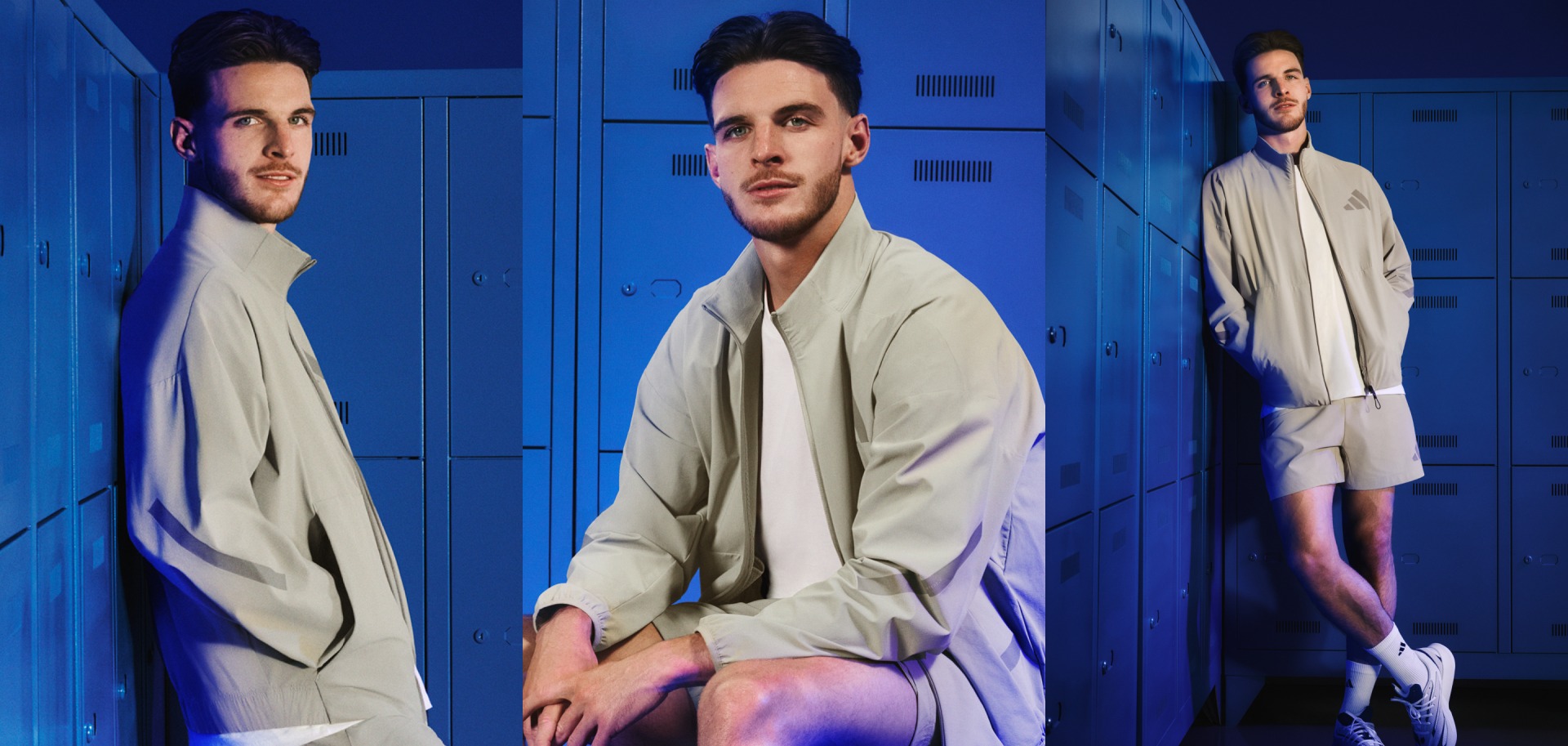 The image depicts three young men in formal attire standing in front of blue lockers, creating a striking visual contrast between the individuals and the vibrant background.