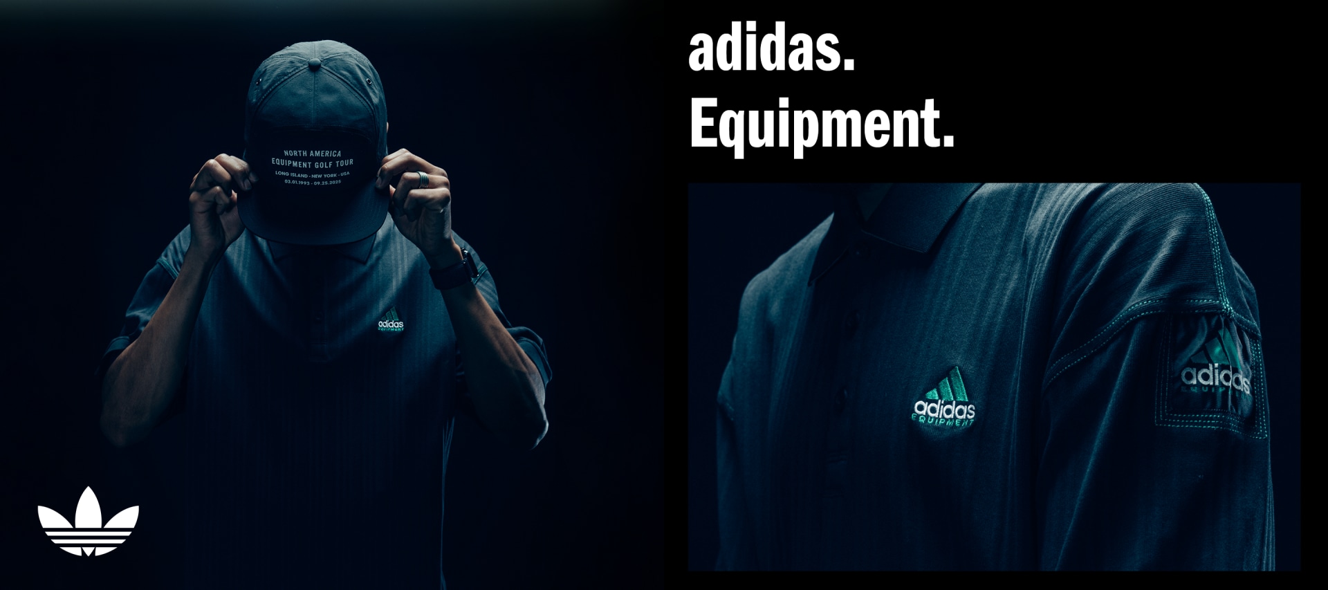 The image features a dark, hooded figure against a black background, showcasing Adidas equipment and branding.