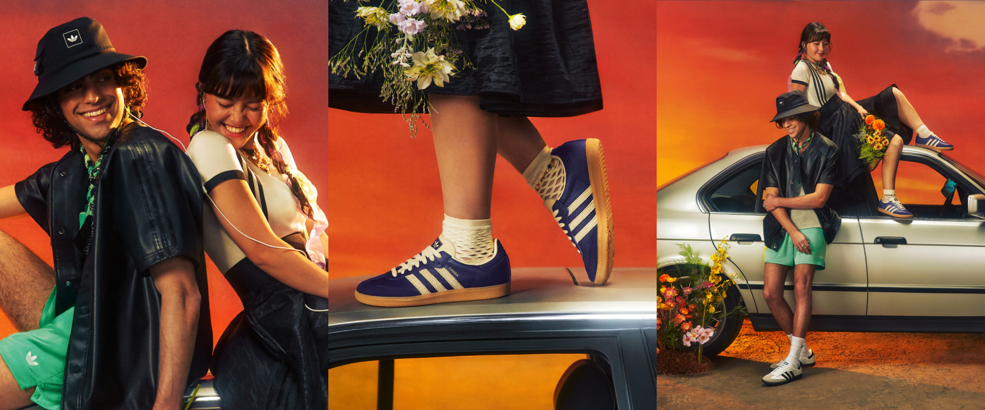 The image depicts a vibrant and eclectic fashion display, featuring a variety of stylish outfits, accessories, and a retro-inspired automobile in the background, creating an eye-catching and visually engaging scene.
