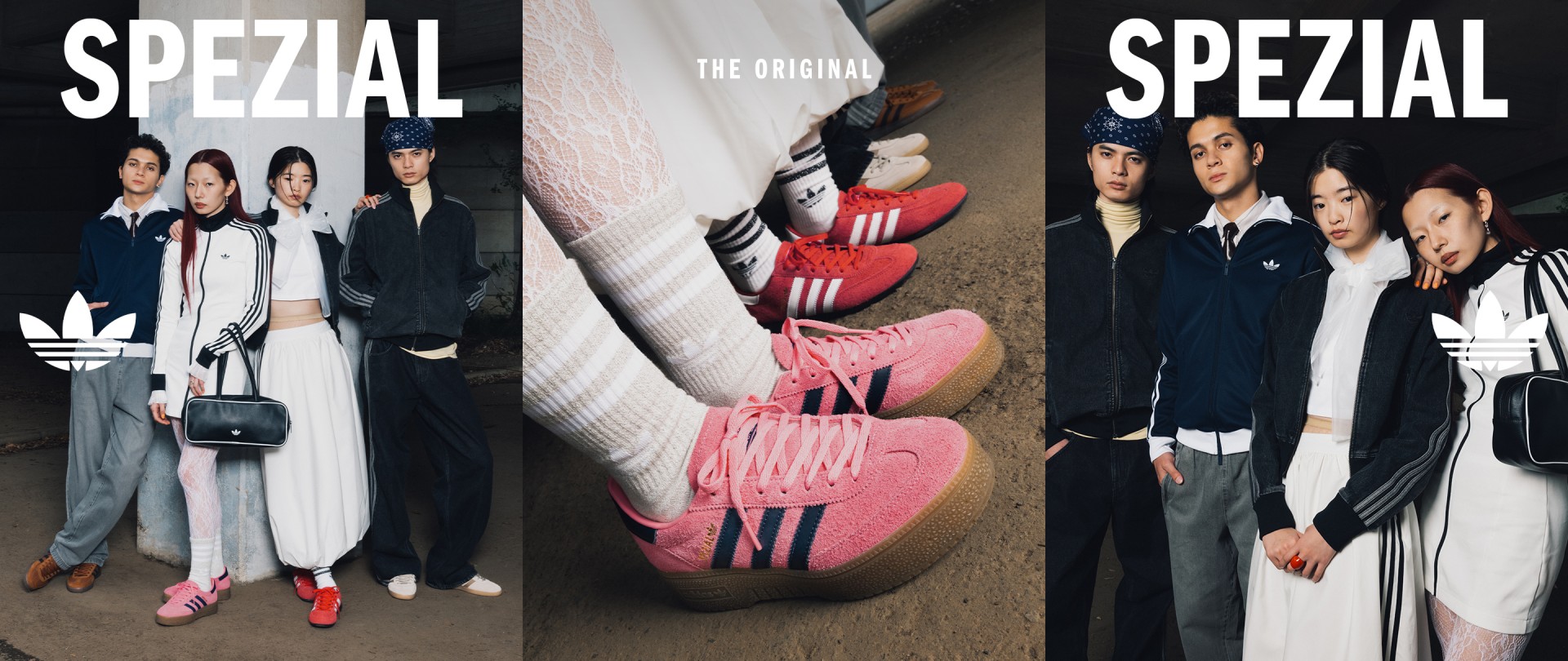 The image features several people wearing stylish, coordinated outfits, with the central focus being a large Adidas logo and the word "Spezia" prominently displayed.