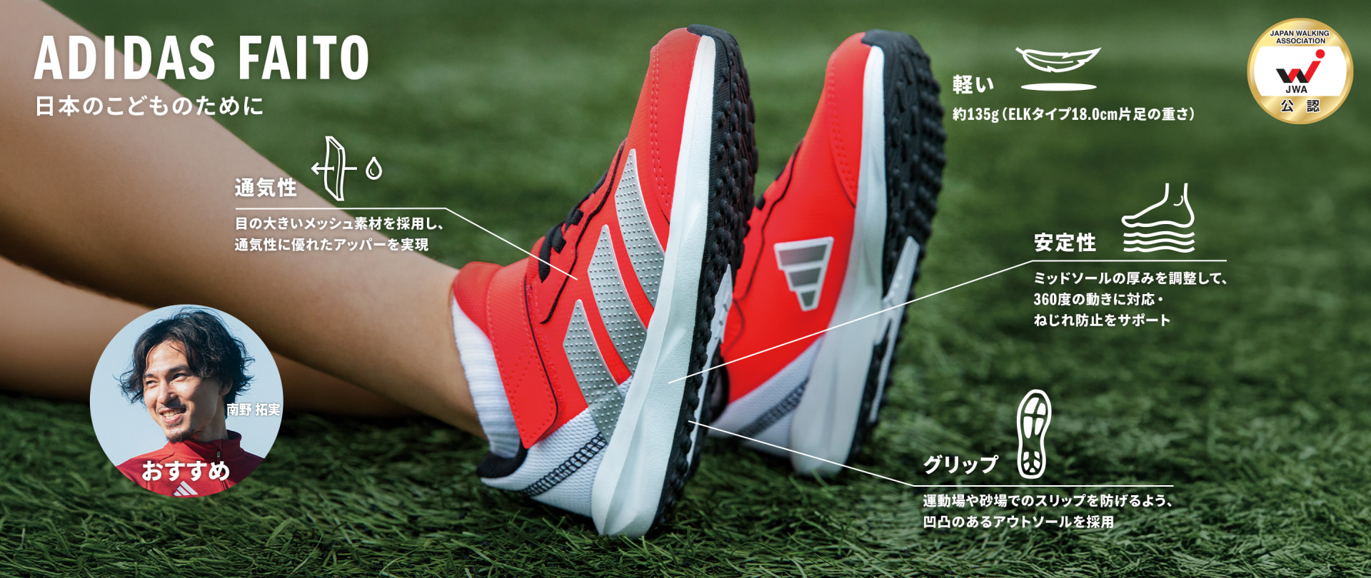 The image shows a pair of red and black soccer cleats on a grassy field, with Japanese text and graphics overlaid on the image.