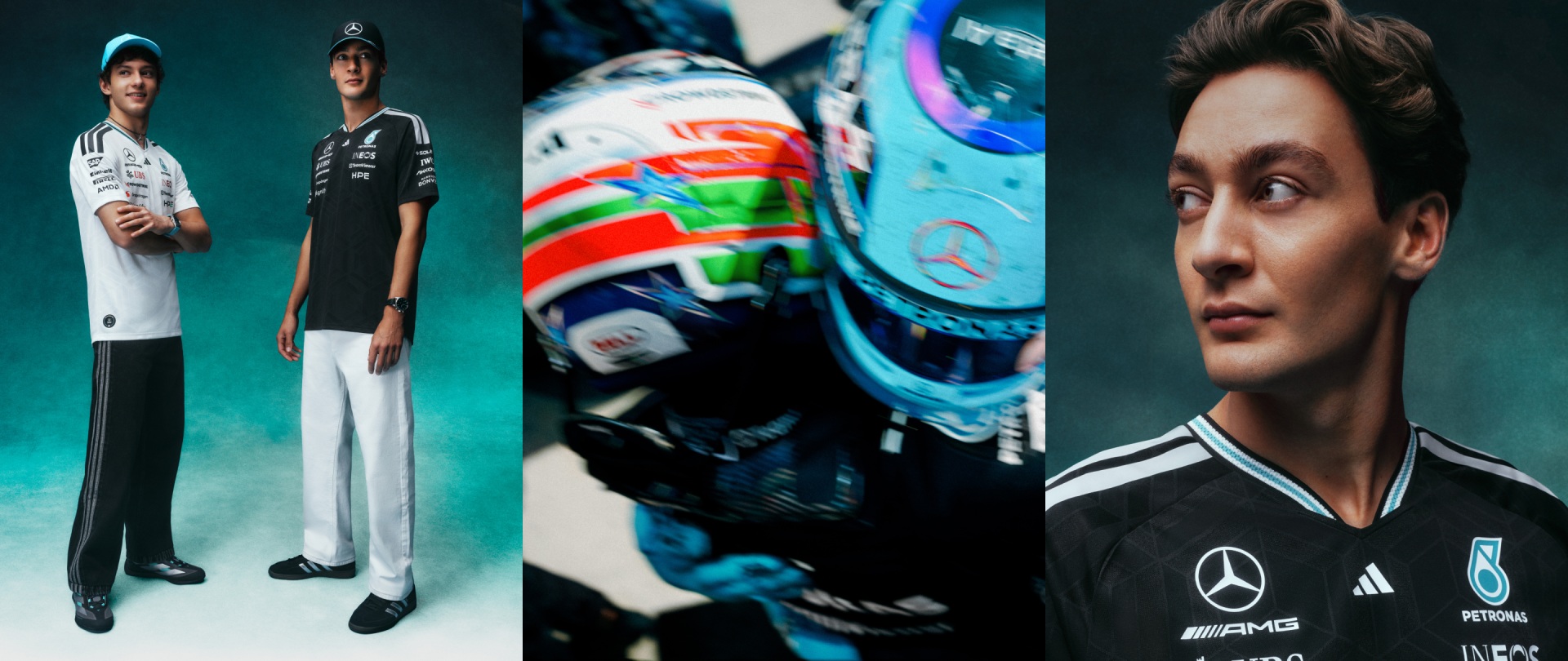 The image features a person wearing a racing suit and helmet, standing in front of a Mercedes-AMG Formula One car, with another person in casual clothing standing beside them.