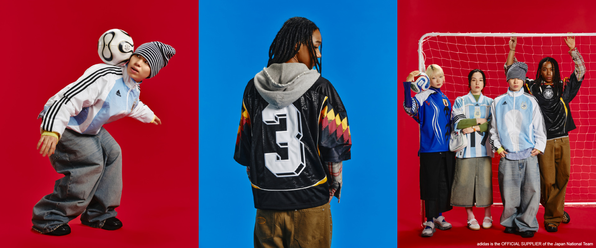 The image features several individuals wearing colorful and stylized clothing, set against a vibrant red and blue background.