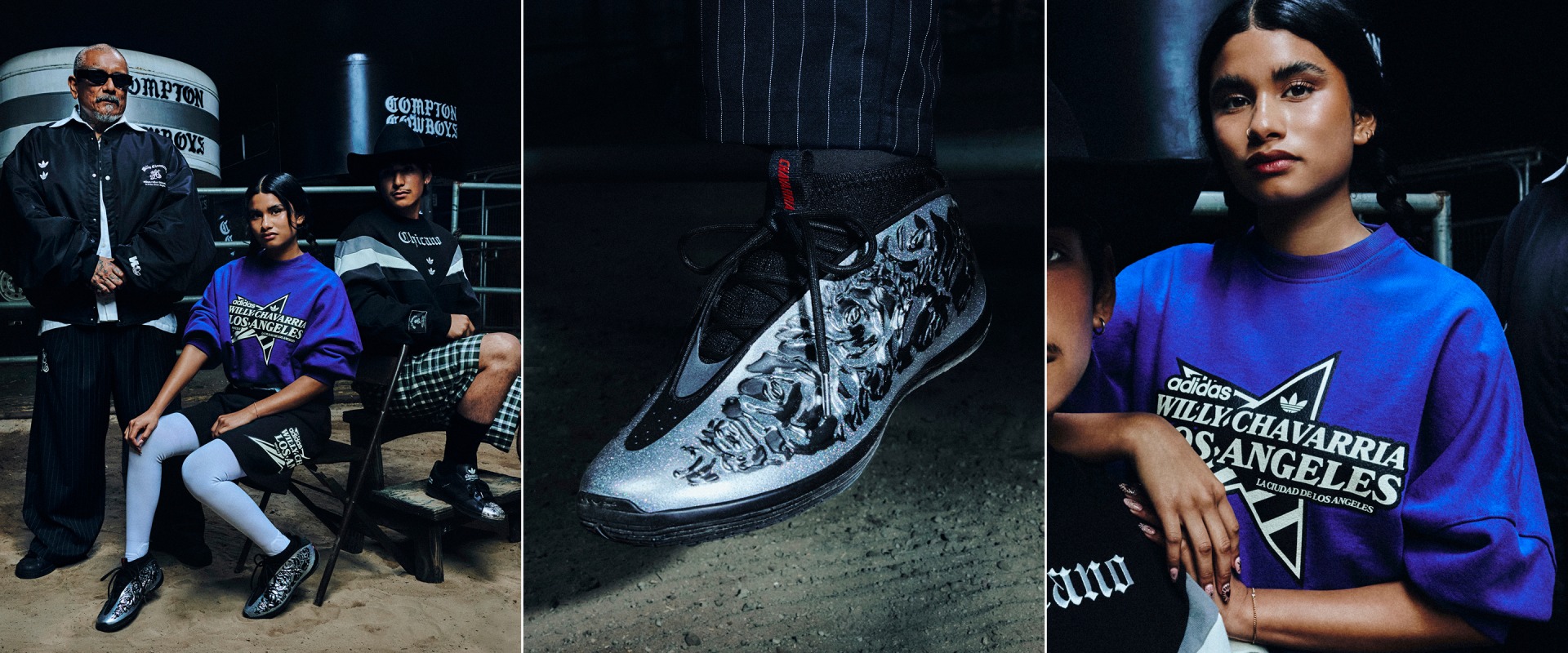 The image depicts three individuals, two of whom are wearing t-shirts with text and graphics, standing in a dimly lit environment with various objects and signage visible in the background.