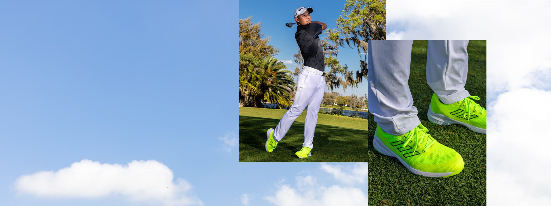 A person wearing black clothing and white pants is standing on a grassy field, with palm trees and a blue sky visible in the background. Bright green athletic shoes are prominently featured in the foreground.