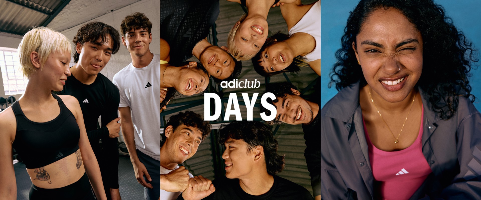 The image features a group of people, some wearing Adidas clothing, in a close-knit, energetic pose, with the Adidas logo prominently displayed in the center.