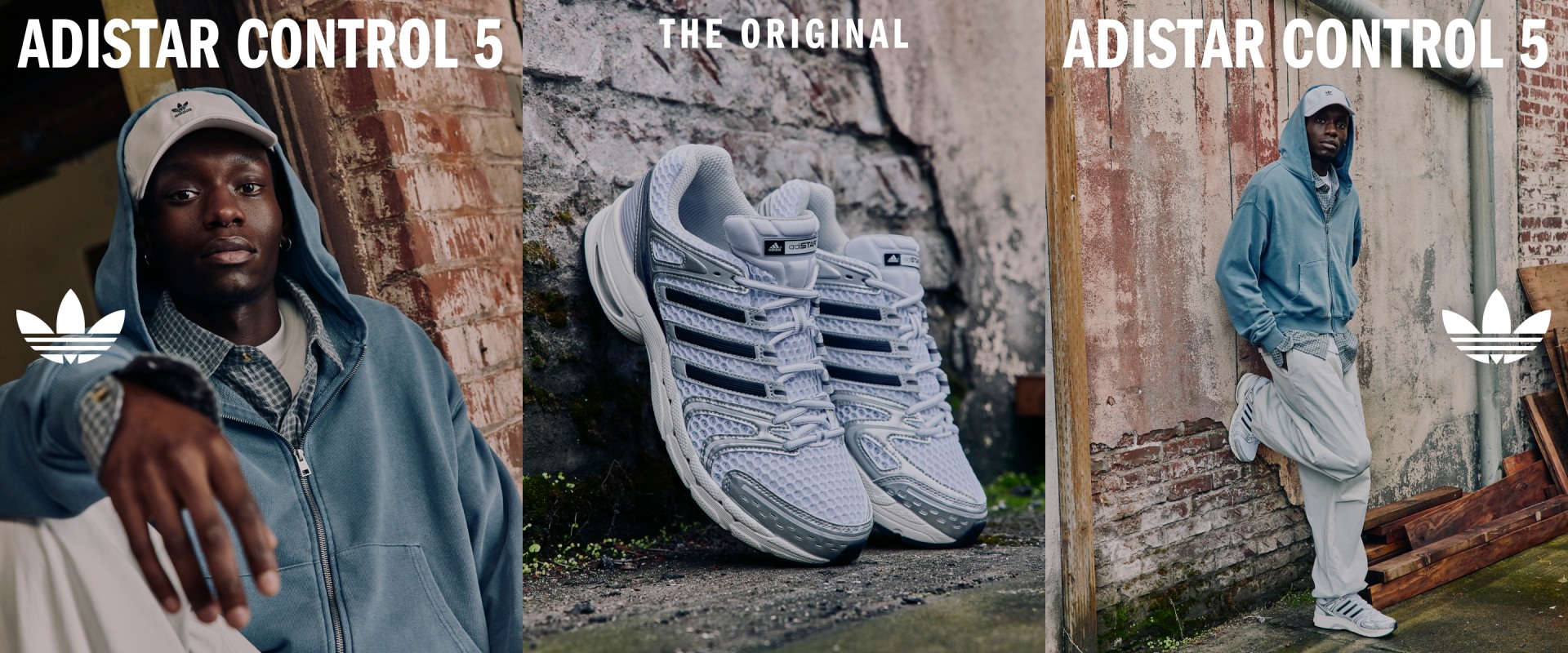 The image features three different shoe designs - a pair of Adidas shoes, a pair of Adidas Originals shoes, and a pair of Adidas Control 3 shoes - displayed against a backdrop of a brick wall and a person wearing a hooded jacket.