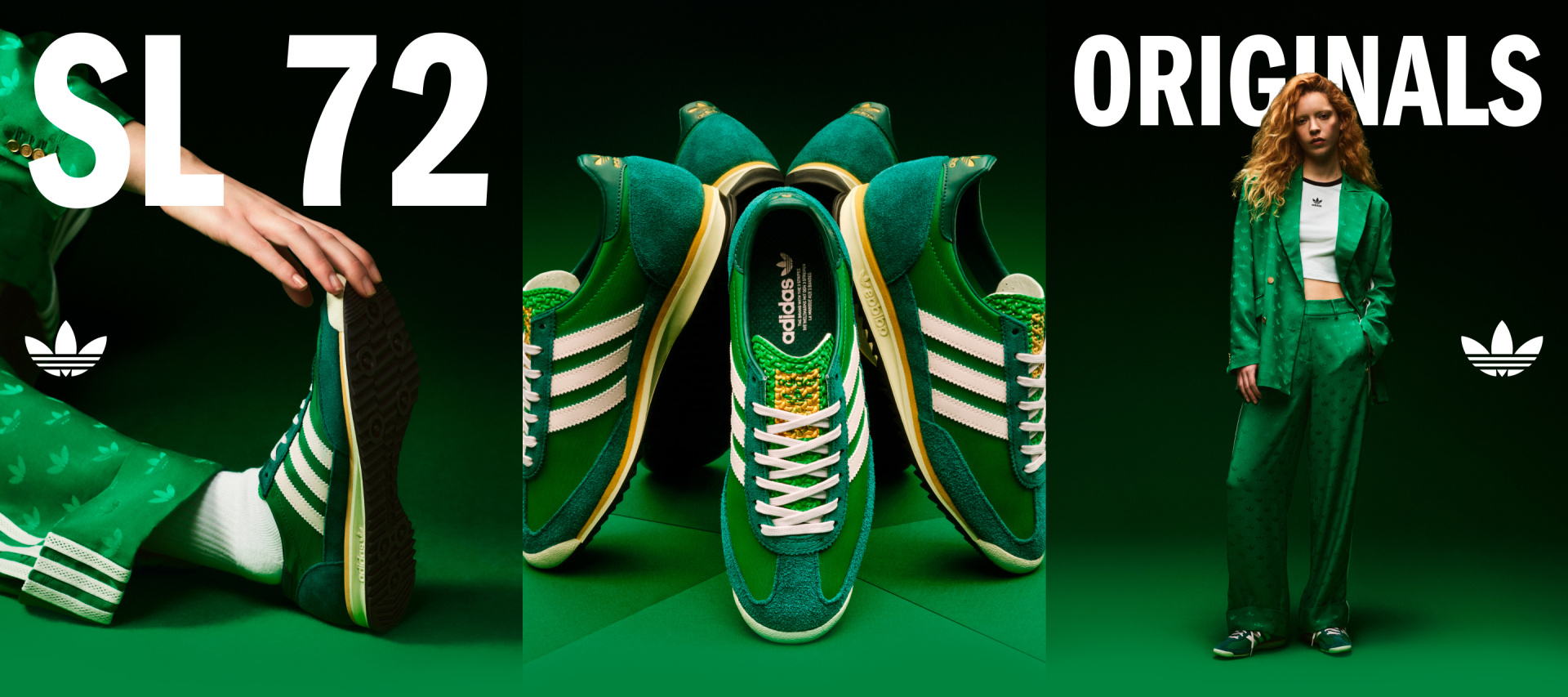 The green adidas SL 72 shot from different angles in front of a green background and modelled by a woman wearing adidas apparel.