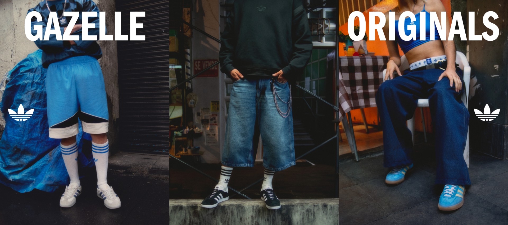 Three people, viewed from the waist down, wear the adidas Gazelle shoe in a variety of colours.