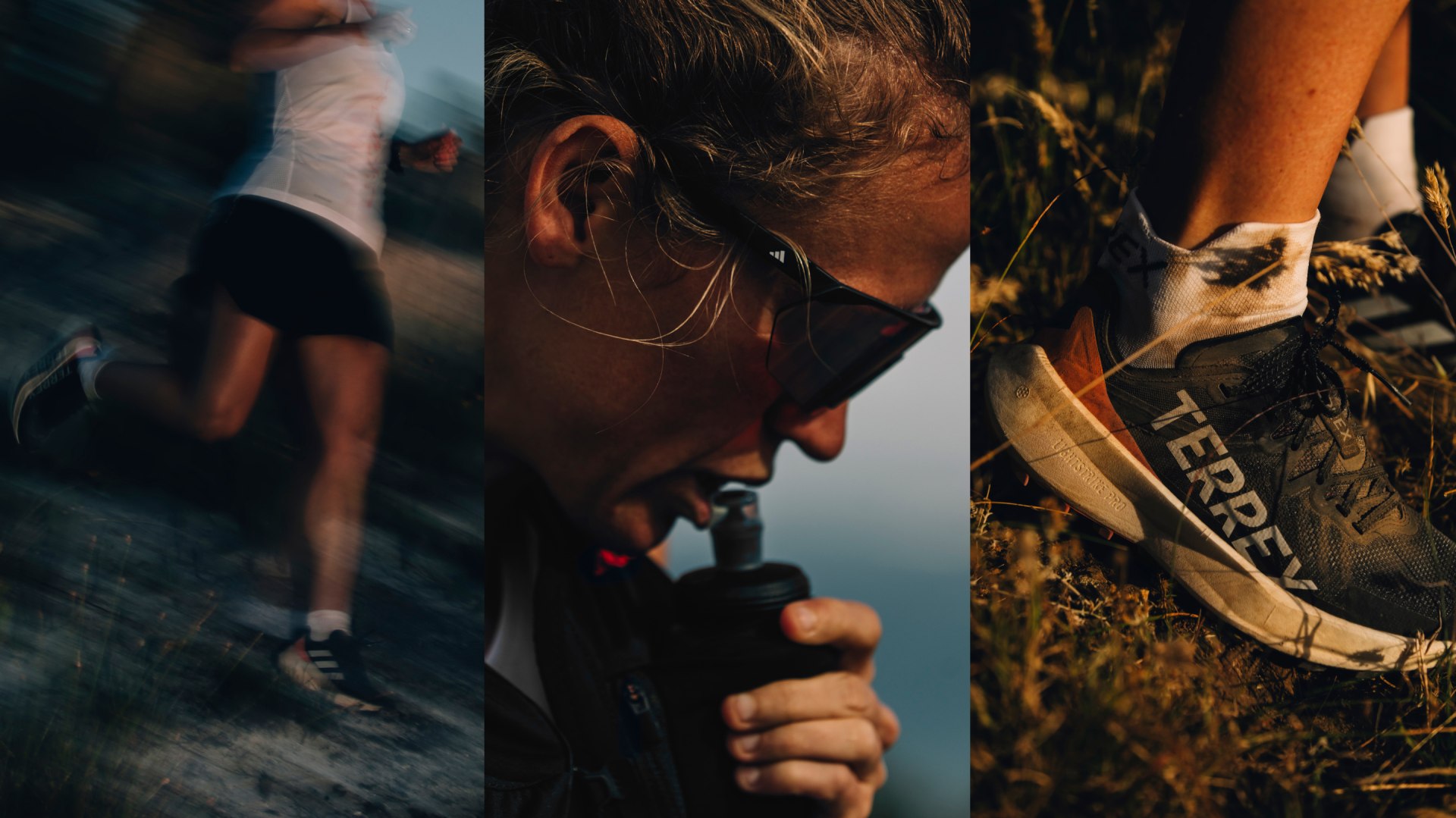 One of a runner in motion, wearing the new Agravic Speed, on a trail at nightfall. One close up of team TERREX athlete Emily Hawgood stopping for a sip of water, and one close up of the Agravic Speed worn on a grassy terrain.