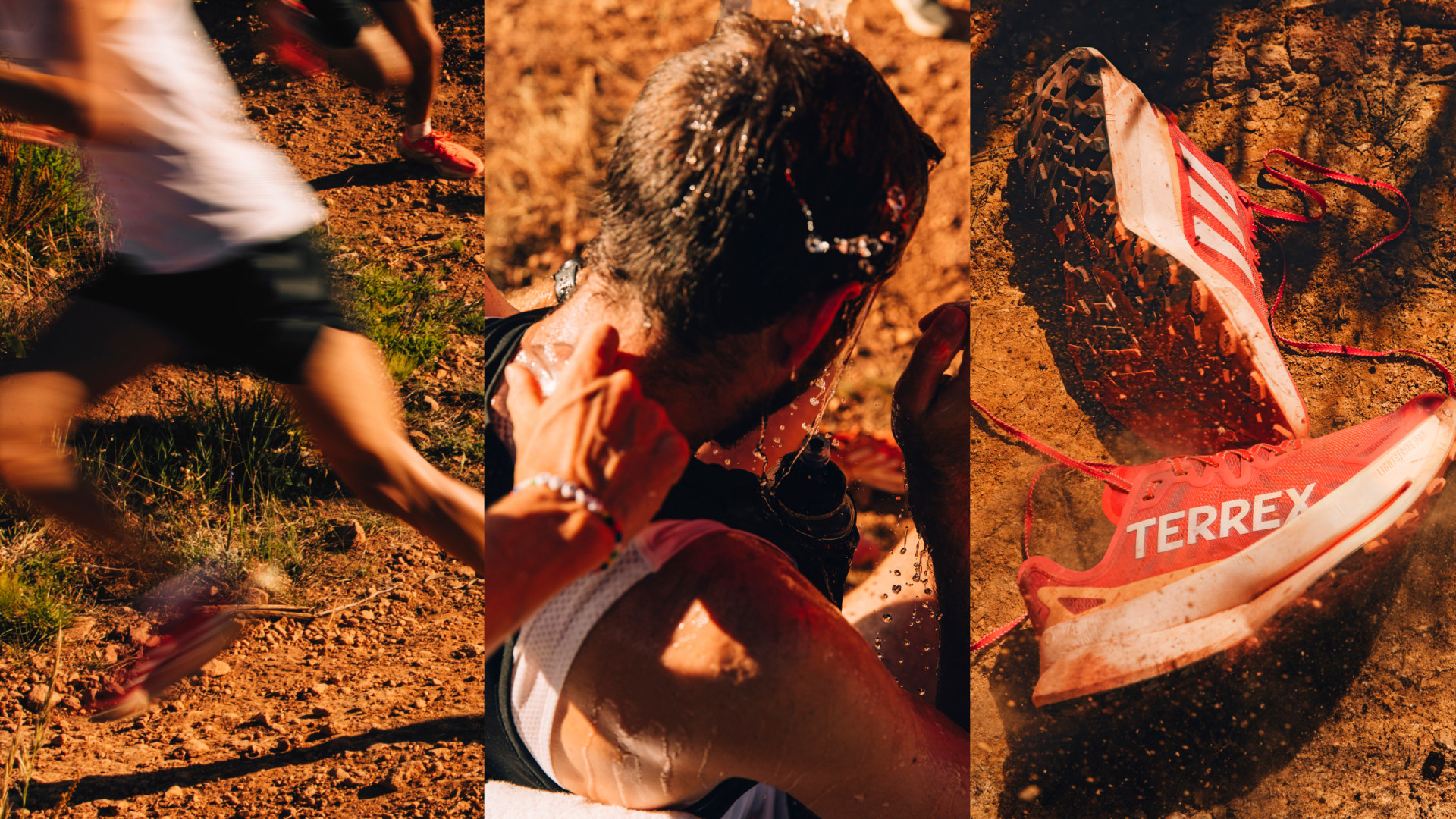 One of a runner in motion, wearing gear from the new Agravic range, one showing a male runner refreshing himself with water, and one of the new Agravic Speed Ultra's set down on a trail.