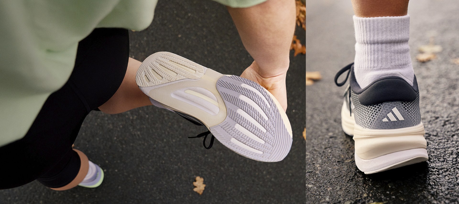 Image of a man stretching his foot wearing Supernovas and a close up image of the back of a Supernova.