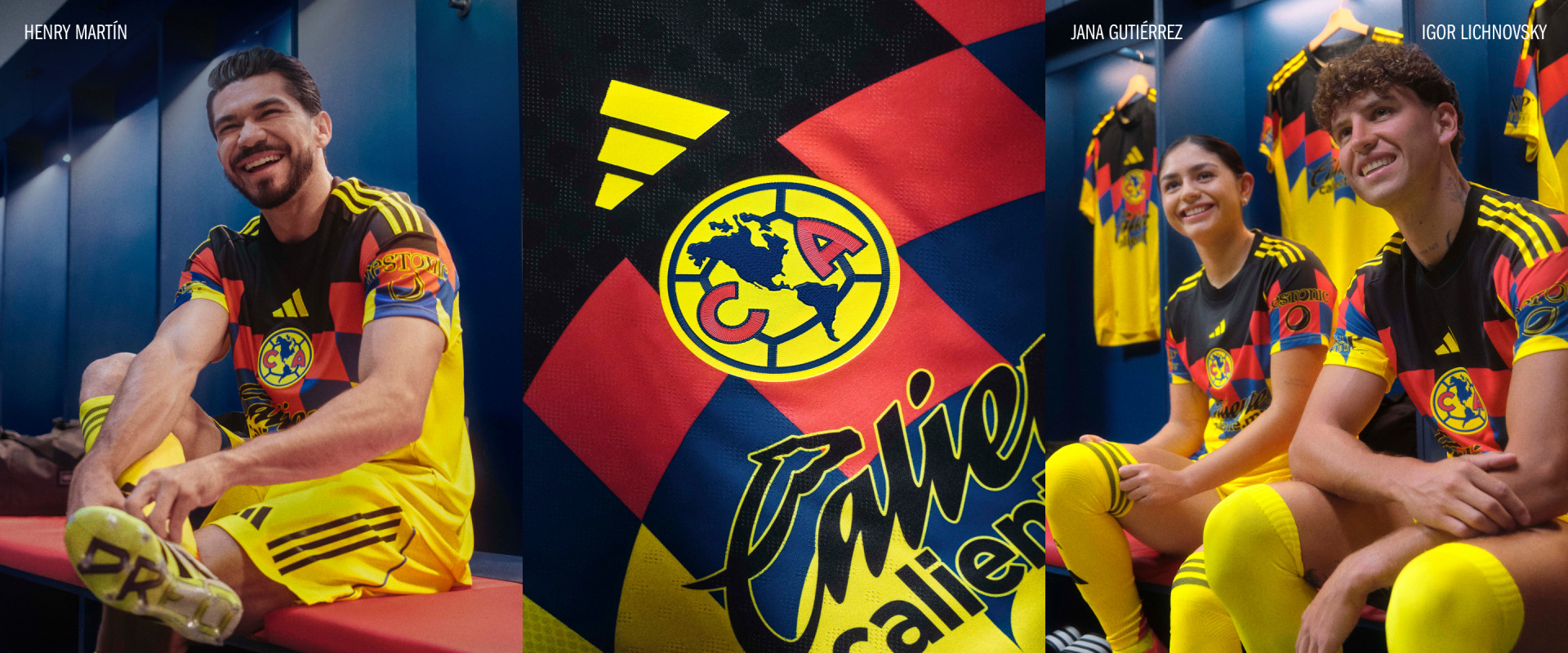 The image shows two soccer players wearing the yellow and red uniforms of the Club América soccer team, standing in front of a colorful background featuring the team's logo and branding.