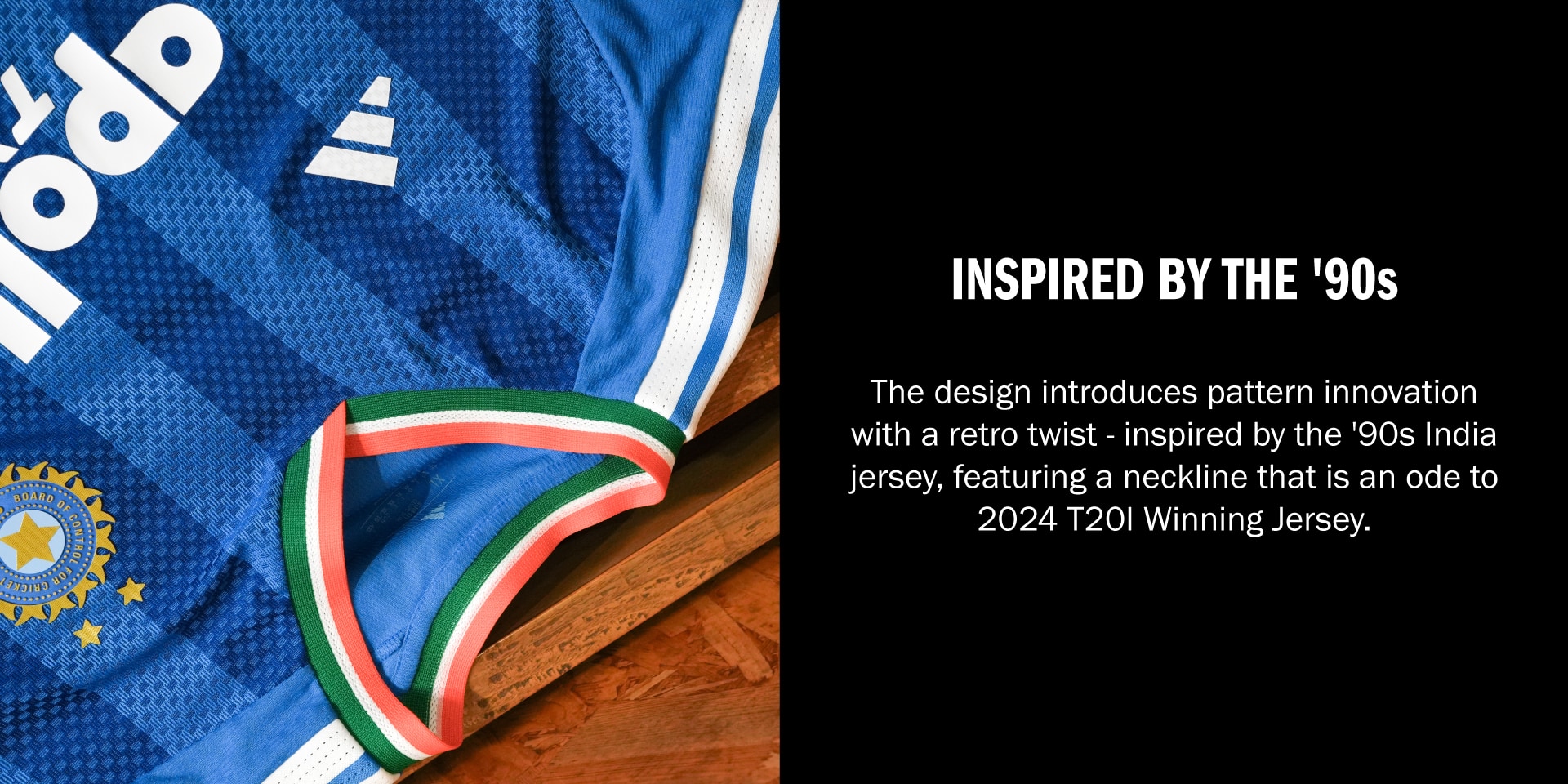 The image features a blue and white sports jersey with a retro-inspired pattern, accompanied by text describing the design as inspired by the 1990s and highlighting its connection to the 2024 T20 Winning Jersey.