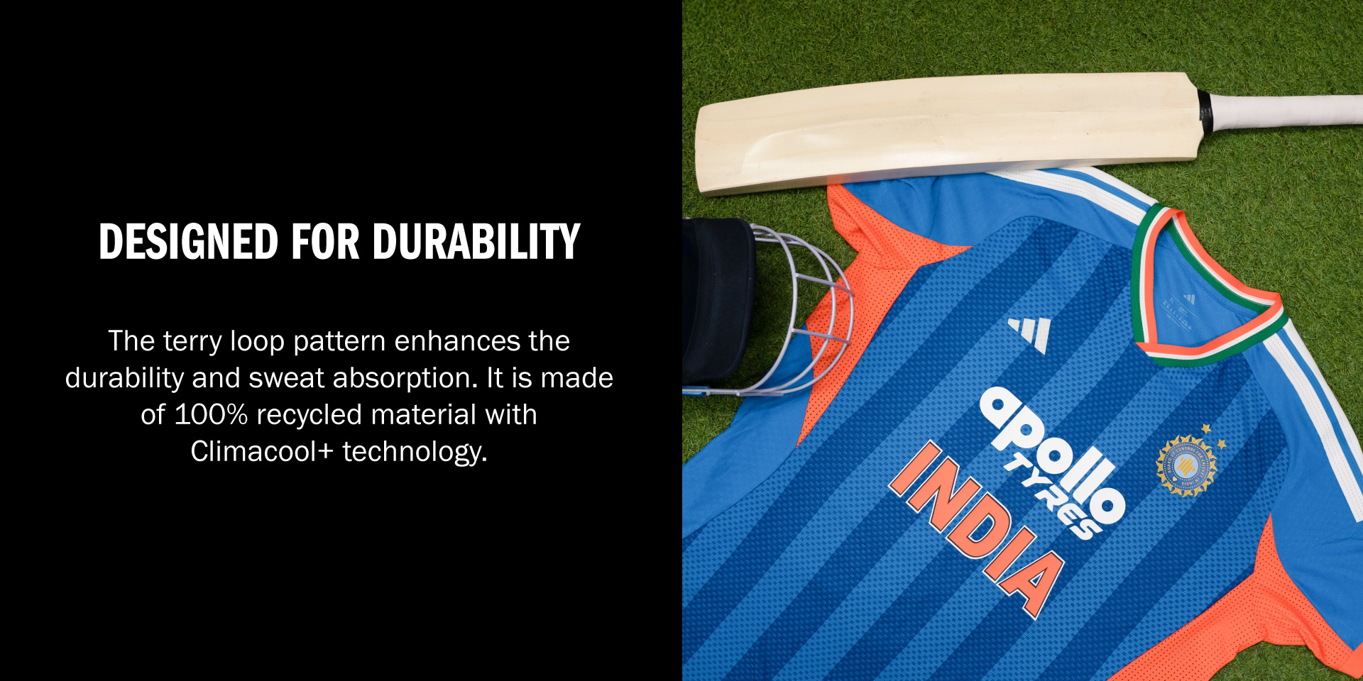 The image shows a close-up view of a sports jersey or uniform, featuring a blue and orange color scheme with a distinctive terry loop pattern that is described as enhancing durability and sweat absorption through the use of Climacool+ technology.