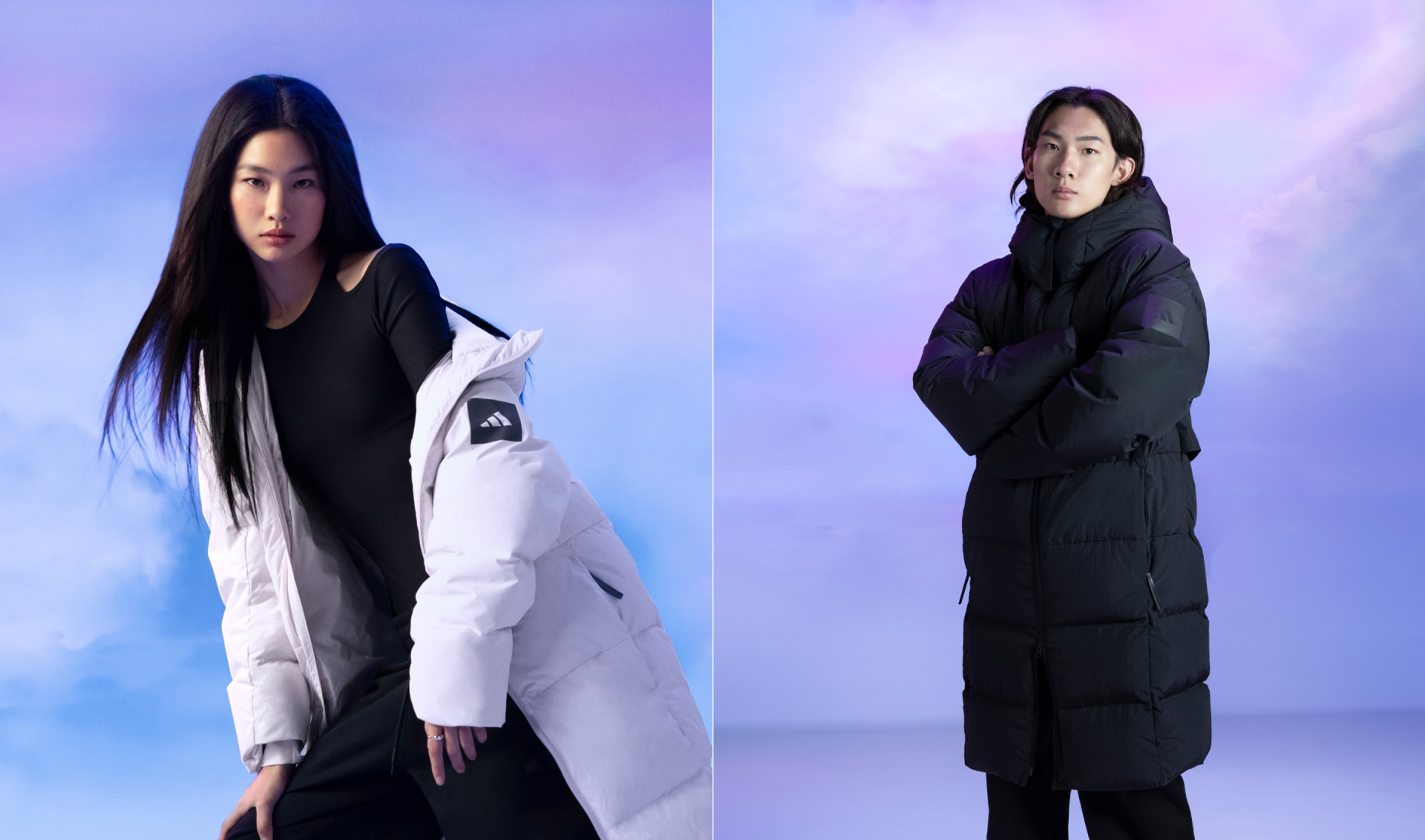 HoYeon Jung and a male model with black hair pose in the pink and black adidas MYSHELTER parka in front of a pastel backdrop.
