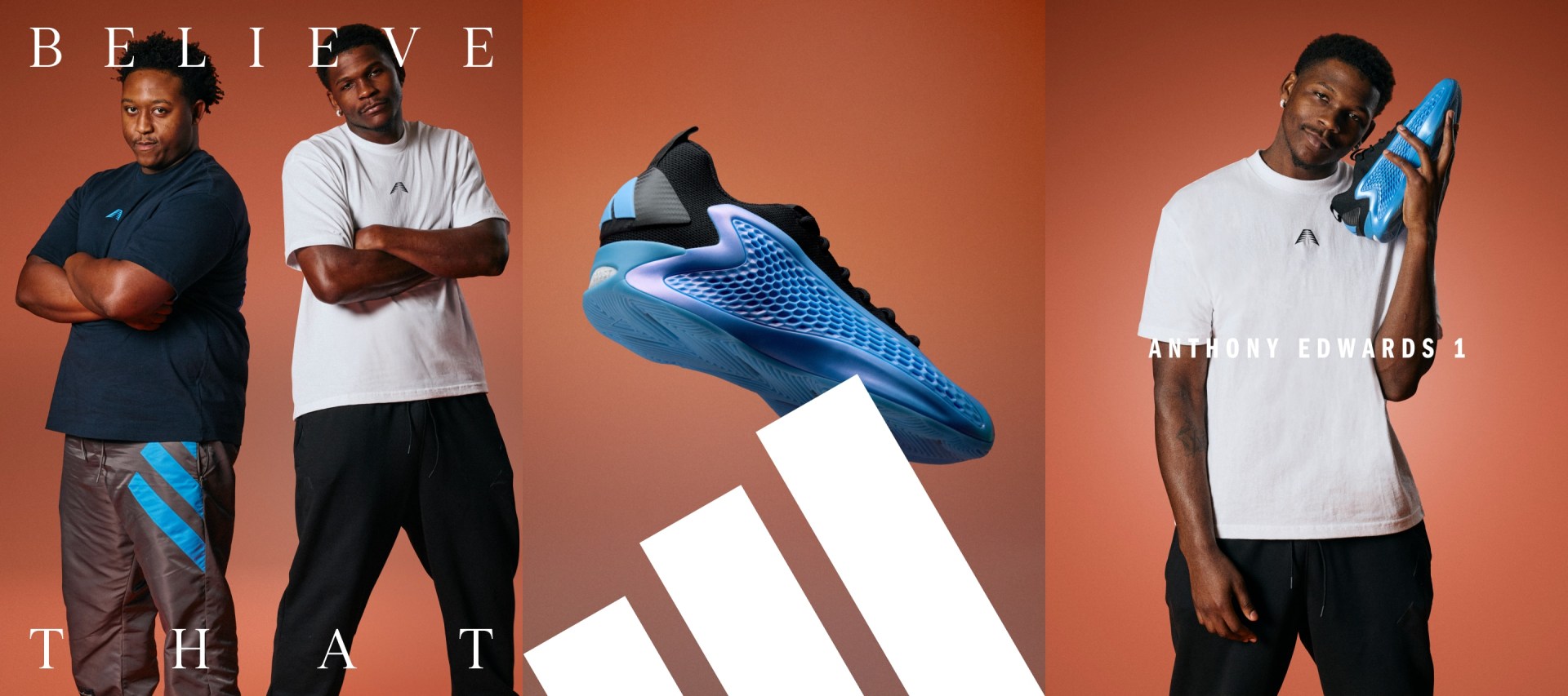 The image features three individuals wearing athletic clothing and shoes, set against a vibrant orange background. The central focus is on a large, blue athletic shoe with a distinctive pattern.