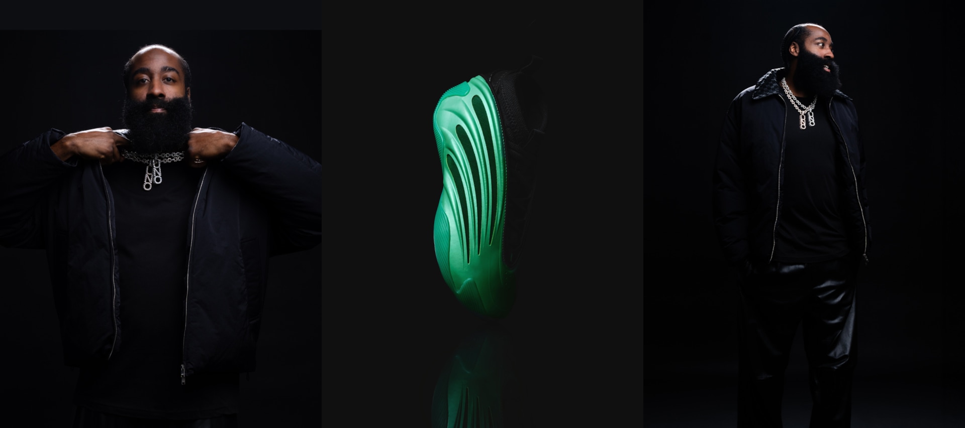 Collage of James Harden and green basketball shoe in dark environment