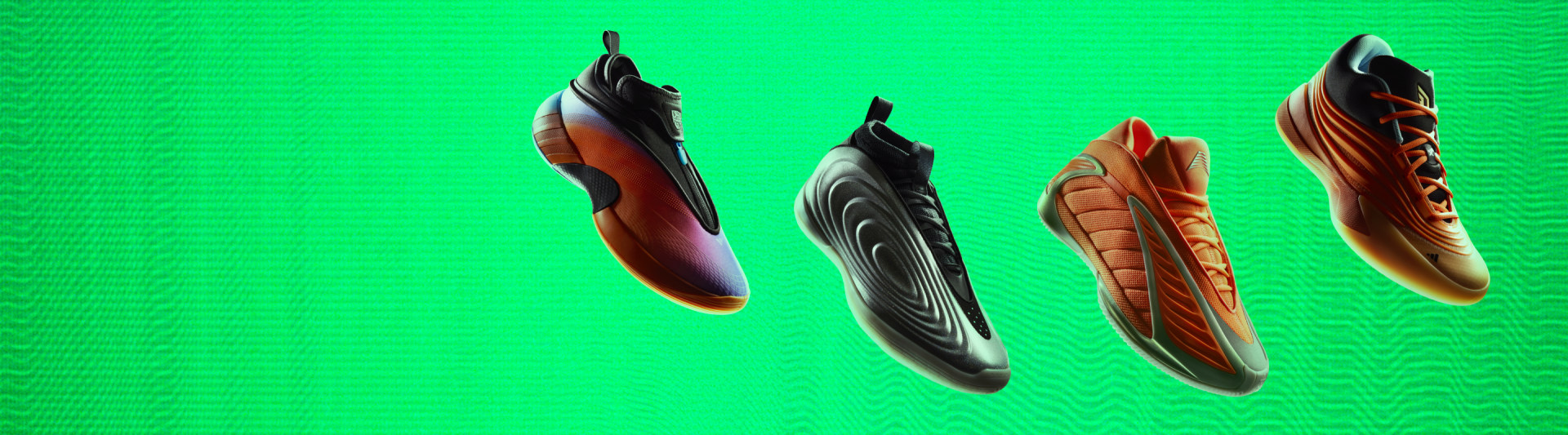 Three pairs of futuristic-looking sneakers in various colors and designs against a vibrant green background.
